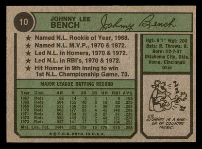 1974 Topps Baseball # 10 Johnny Bench Reds EX+/EX-MT 565698