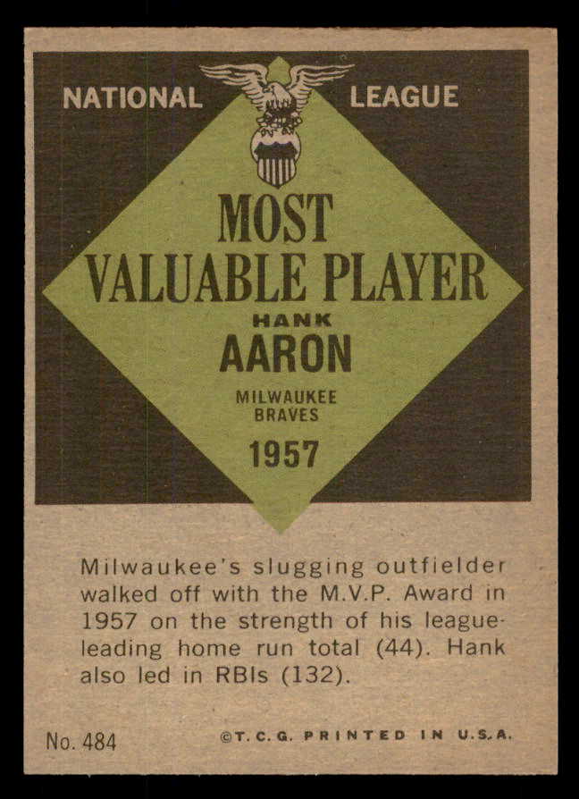 1961 Topps Baseball #484 Hank Aaron MVP Braves EX-MT 565708