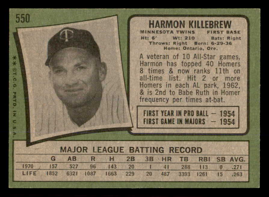 1971 Topps Baseball #550 Harmon Killebrew Twins EX-MT 565712