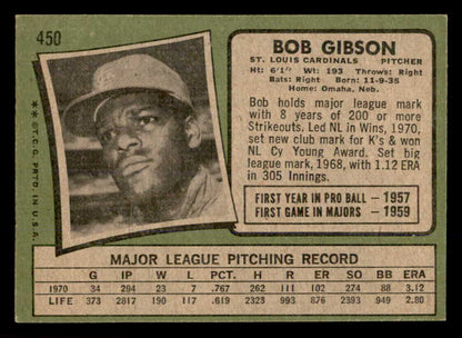 1971 Topps Baseball #450 Bob Gibson Cardinals EX+/EX-MT 565713
