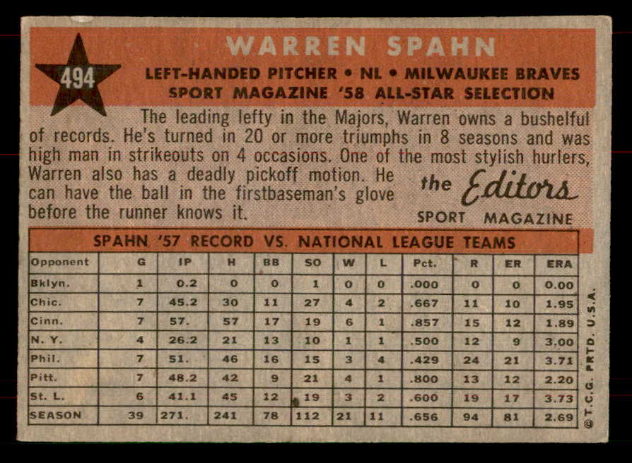 1958 Topps Baseball #494 Warren Spahn A.S. Braves EX-MT 565719
