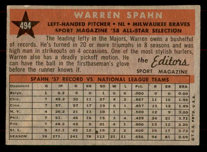 1958 Topps Baseball #494 Warren Spahn A.S. Braves EX-MT 565719