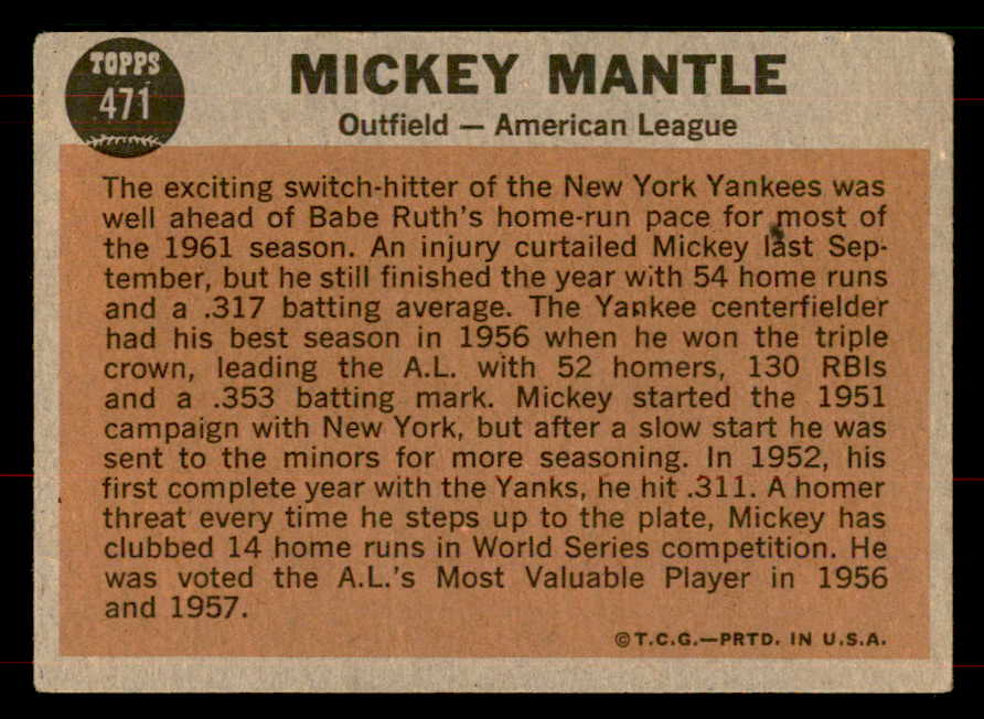 1962 Topps Baseball #471 Mickey Mantle A.S. Yankees VG-EX 565726