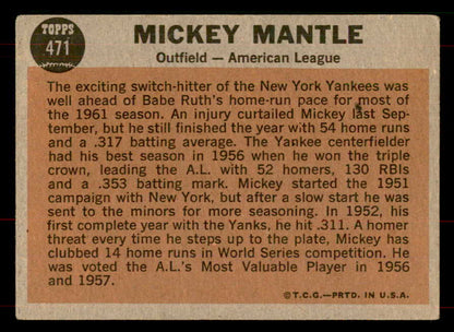 1962 Topps Baseball #471 Mickey Mantle A.S. Yankees VG-EX 565726