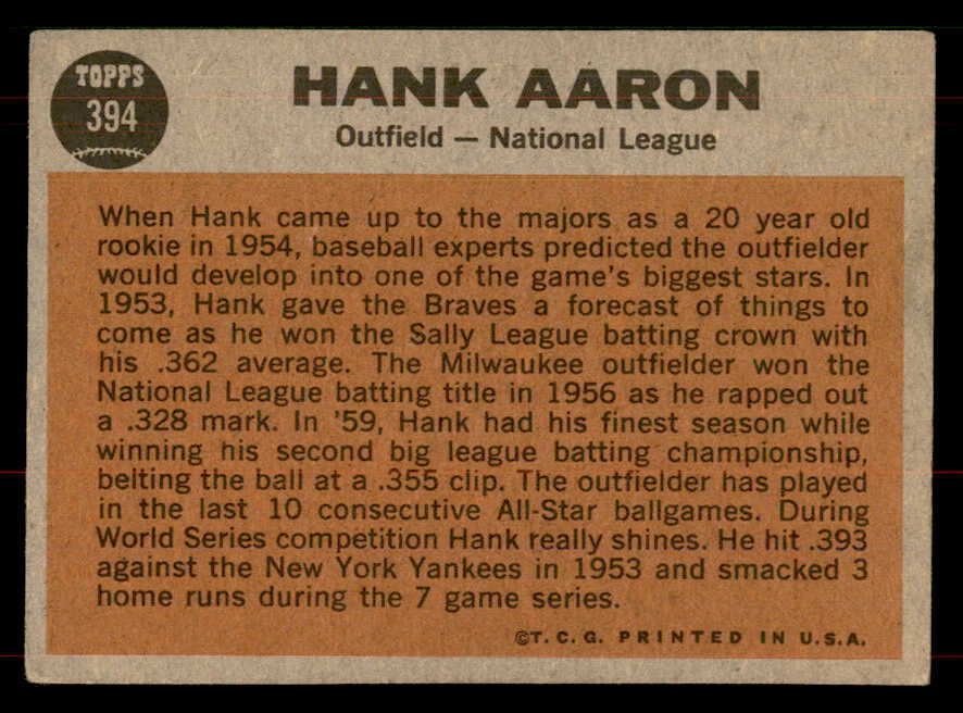 1962 Topps Baseball #394 Hank Aaron A.S. Braves VG-EX 565729