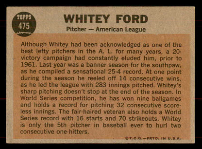 1962 Topps Baseball #475 Whitey Ford A.S. Yankees EX-MT 565731