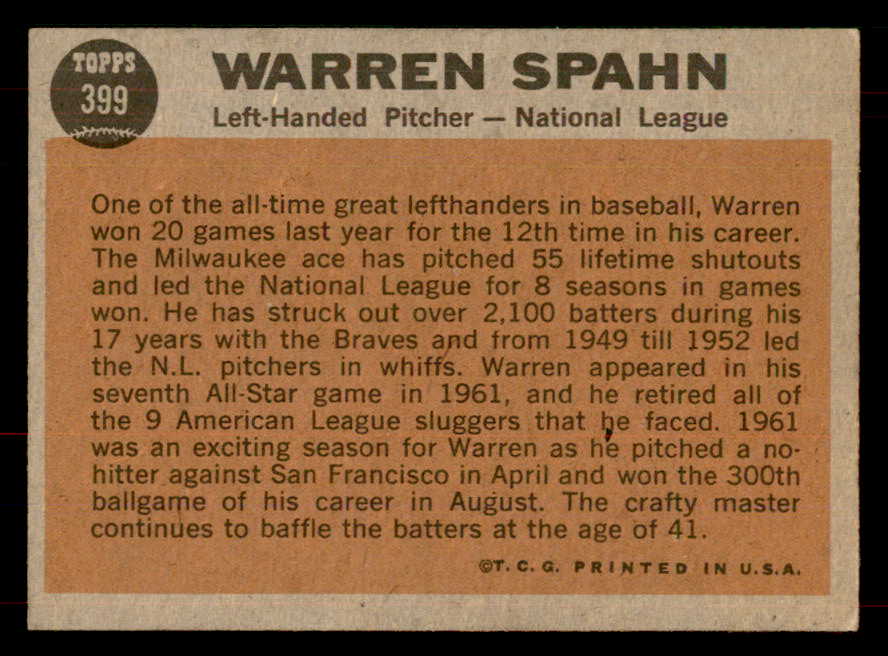 1962 Topps Baseball #399 Warren Spahn A.S. Braves EX-MT 565732
