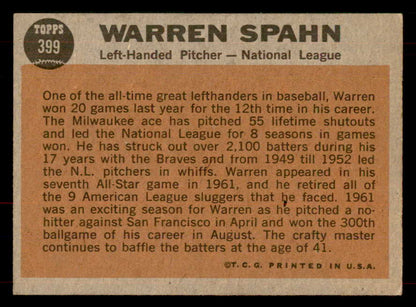 1962 Topps Baseball #399 Warren Spahn A.S. Braves EX-MT 565732