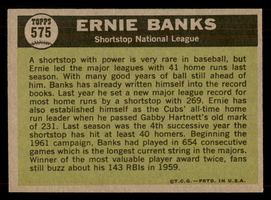 1961 Topps Baseball #575 Ernie Banks A.S. Cubs NR-MT 565736