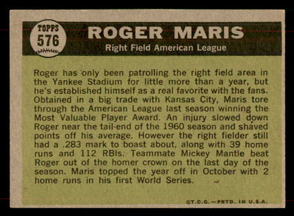 1961 Topps Baseball #576 Roger Maris A.S. Yankees NR-MT 565737