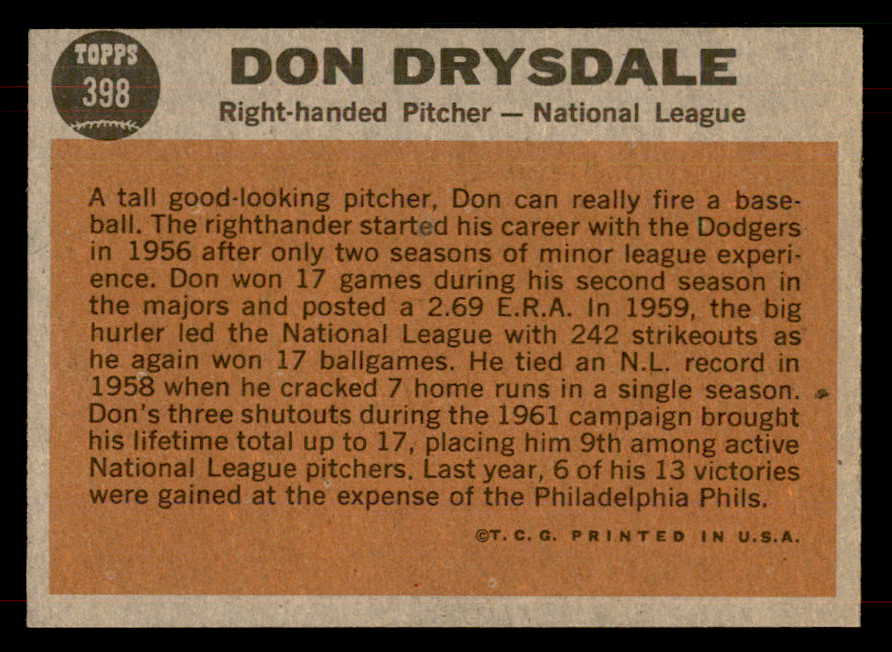 1962 Topps Baseball #398 Don Drysdale A.S. Dodgers EX 565743
