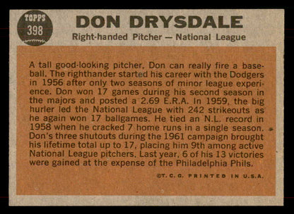 1962 Topps Baseball #398 Don Drysdale A.S. Dodgers EX 565743