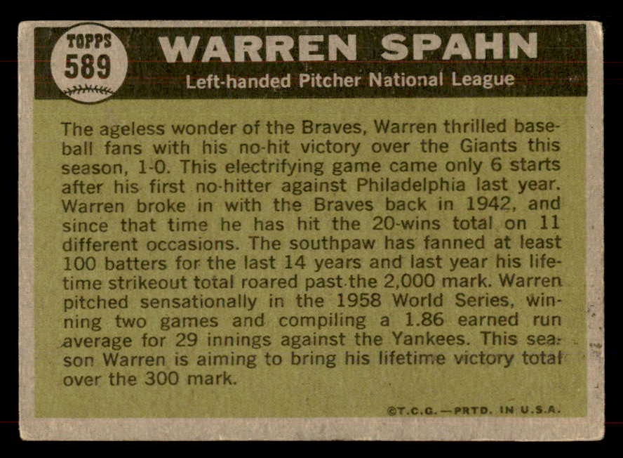 1961 Topps Baseball #589 Warren Spahn A.S. Braves VG-EX 565744
