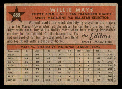 1958 Topps Baseball #486 Willie Mays A.S. Giants VG-EX 565755