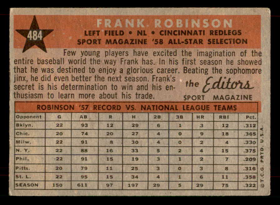 1958 Topps Baseball #484 Frank Robinson A.S. Reds VG-EX 565756