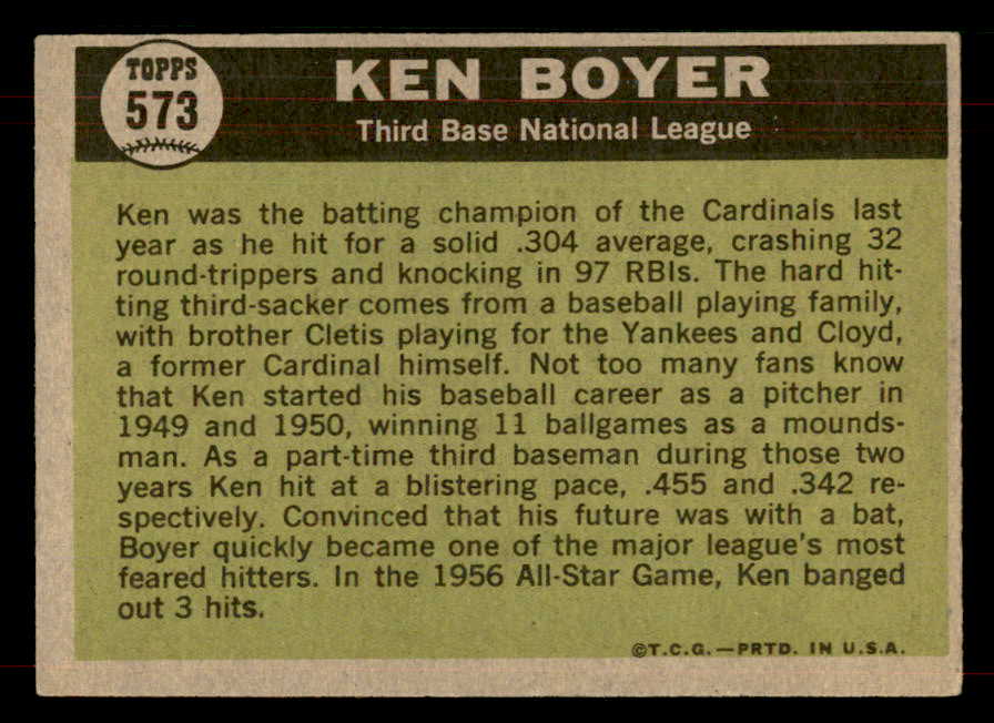 1961 Topps Baseball #573 Ken Boyer A.S. Cardinals EX-MT 565765