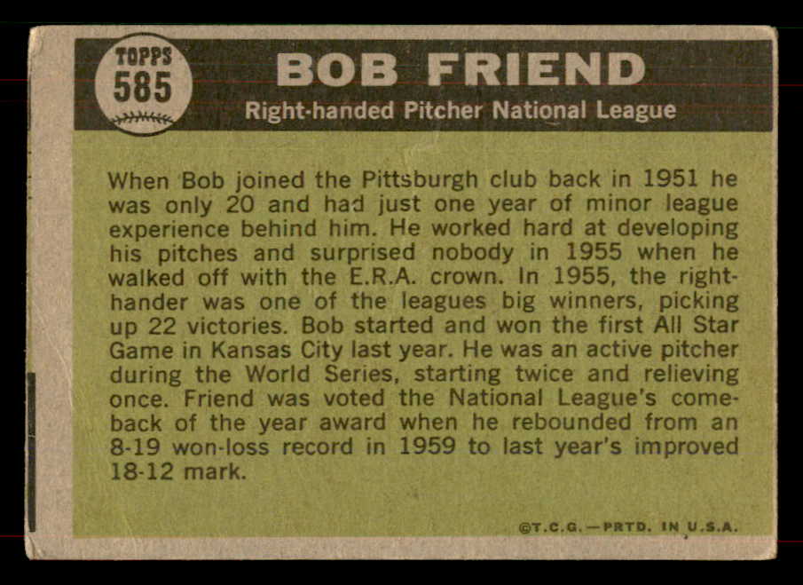 1961 Topps Baseball #585 Bob Friend A.S. Pirates VG 565768