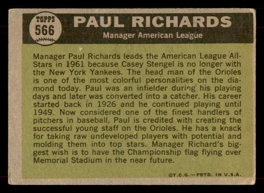 1961 Topps Baseball #566 Paul Richards A.S. Orioles VG 565769