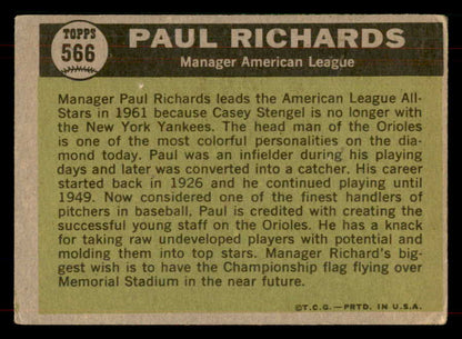 1961 Topps Baseball #566 Paul Richards A.S. Orioles VG 565769