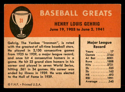 1961 Fleer Baseball # 31 Lou Gehrig Yankees EX-MT 565774