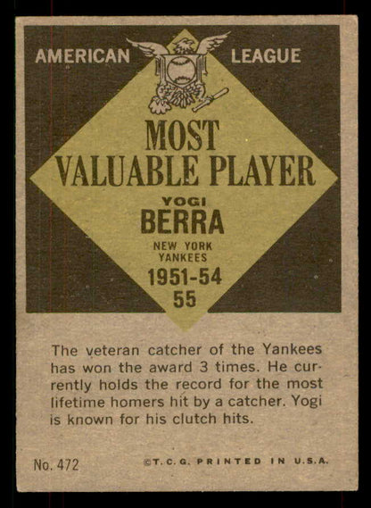 1961 Topps Baseball #472 Yogi Berra MVP Yankees EX-MT 565776