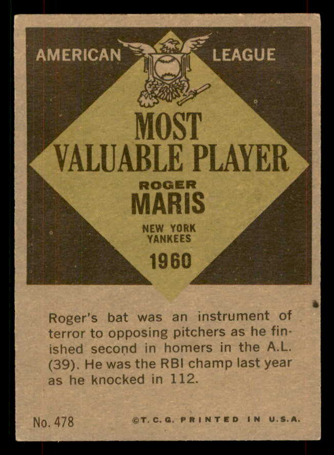 1961 Topps Baseball #478 Roger Maris MVP Yankees EX-MT 565778
