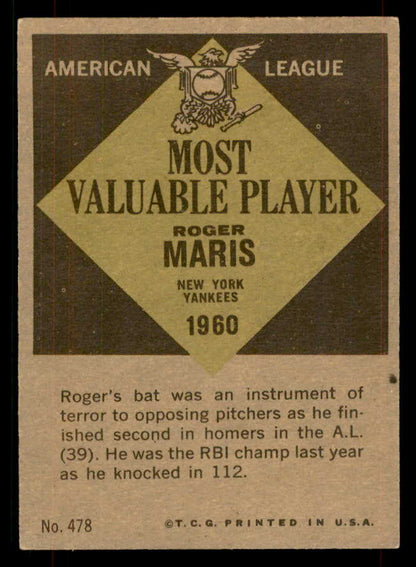 1961 Topps Baseball #478 Roger Maris MVP Yankees EX-MT 565778