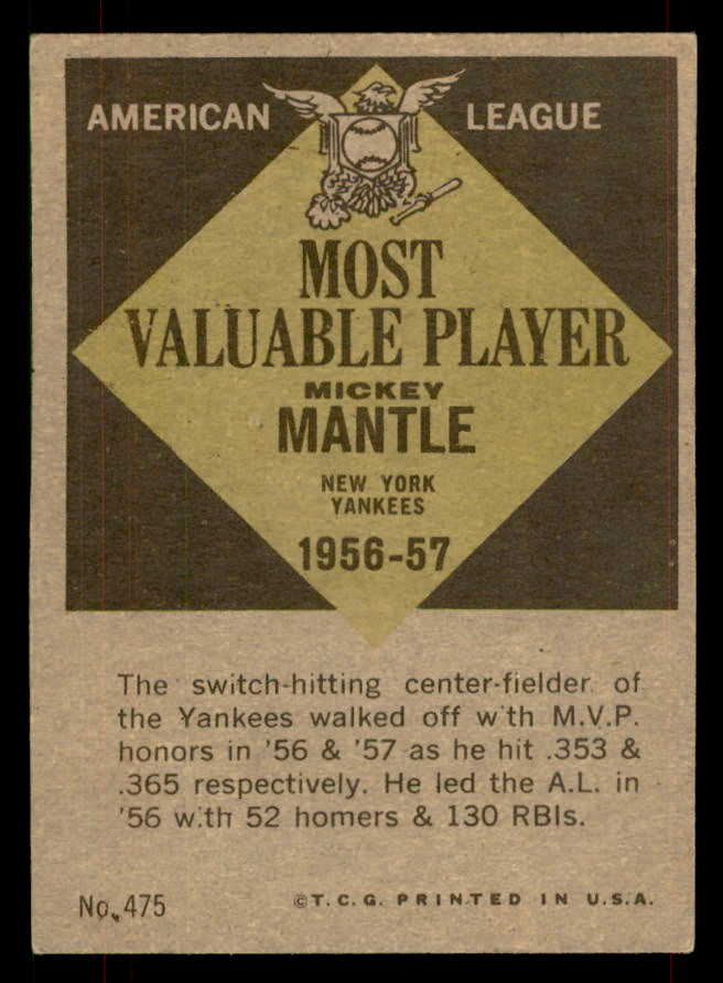 1961 Topps Baseball #475 Mickey Mantle MVP Yankees VG-EX 565779