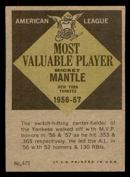 1961 Topps Baseball #475 Mickey Mantle MVP Yankees VG-EX 565779
