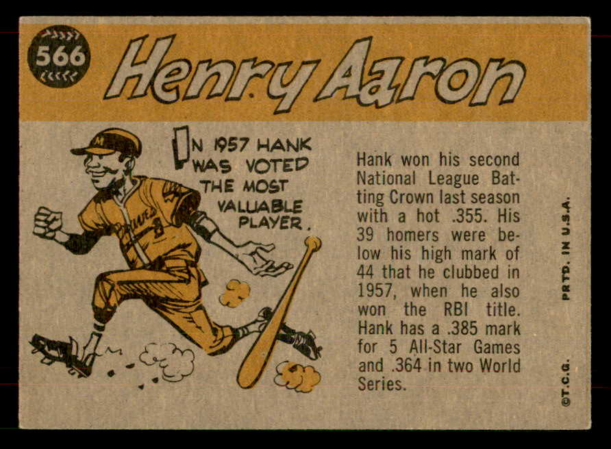 1960 Topps Baseball #566 Hank Aaron A.S. Braves NR-MT 565788