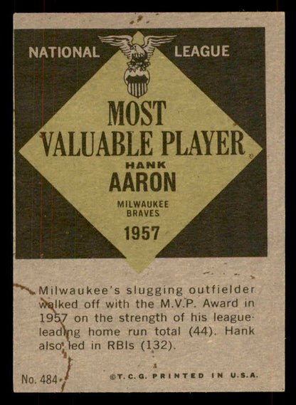 1961 Topps Baseball #484 Hank Aaron MVP Braves VG 565792