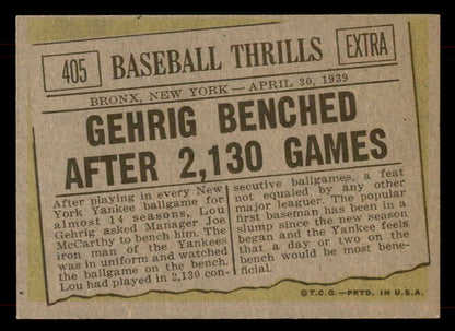 1961 Topps Baseball #405 Lou Gehrig Yankees EX-MT 565804