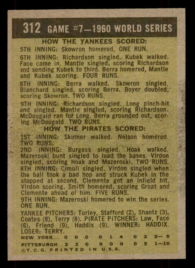 1961 Topps Baseball #312 World Series Game 7 Mazeroski EX-MT 565808