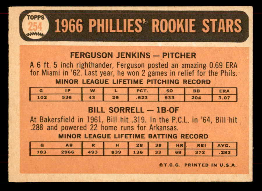 1966 Topps Baseball #254 Fergie Jenkins Phillies EX-MT 565811