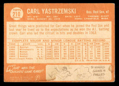 1964 Topps Baseball #210 Carl Yastrzemski Red Sox VG-EX 565828