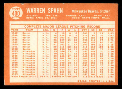 1964 Topps Baseball #400 Warren Spahn Braves VG 565837