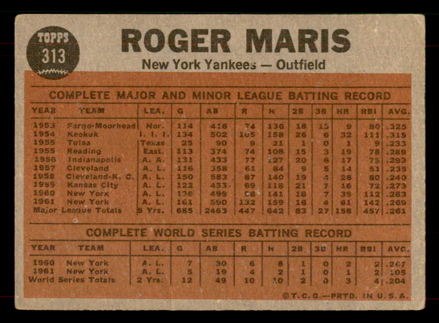 1962 Topps Baseball #313 Roger Maris IA Yankees VG 565838