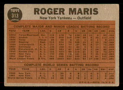 1962 Topps Baseball #313 Roger Maris IA Yankees VG 565838