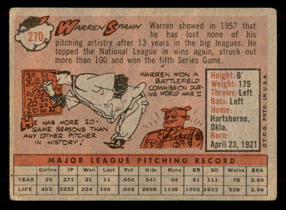 1958 Topps Baseball #270 Warren Spahn Braves VG 565843