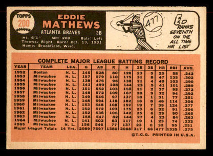 1966 Topps Baseball #200 Eddie Mathews Braves EX 565846