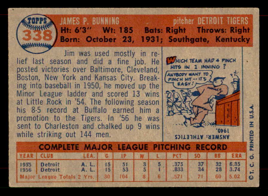 1957 Topps Baseball #338 Jim Bunning Tigers EX+/EX-MT 565847