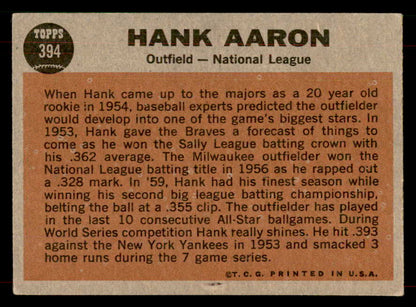 1962 Topps Baseball #394 Hank Aaron A.S. Braves EX 565848