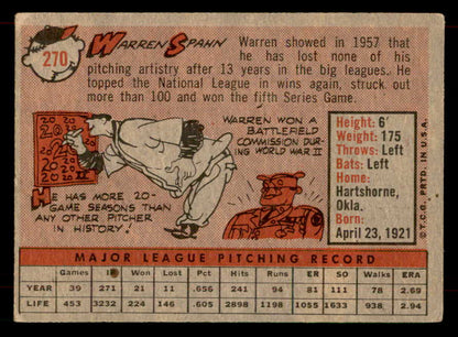 1958 Topps Baseball #270 Warren Spahn Braves VG 565853
