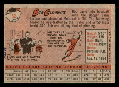 1958 Topps Baseball # 52 Roberto Clemente Pirates VG 565857