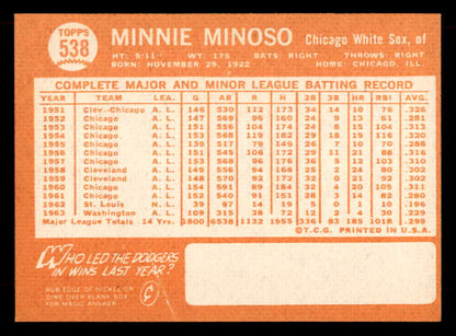 1964 Topps Baseball #538 Minnie Minoso White Sox VG 565869