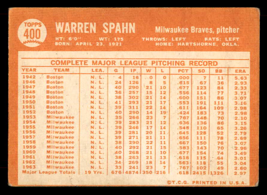 1964 Topps Baseball #400 Warren Spahn Braves VG 565870