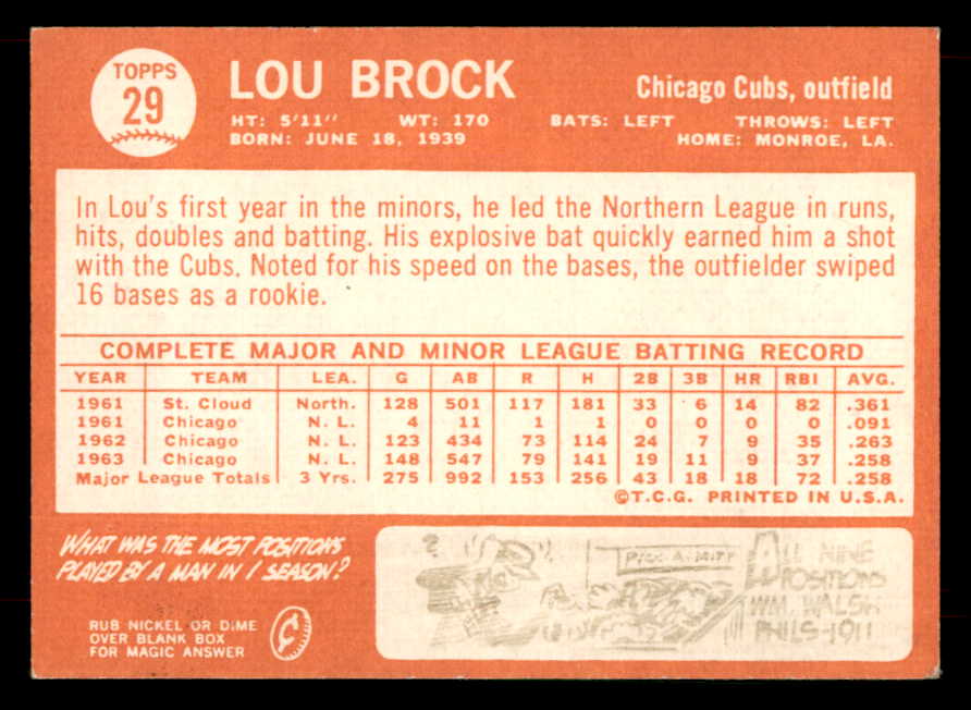 1964 Topps Baseball # 29 Lou Brock Cubs PR-FR 565871