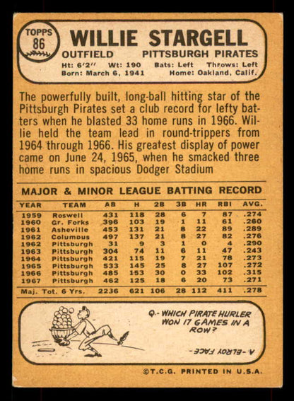 1968 Topps Baseball # 86 Willie Stargell Pirates EX-MT 565876
