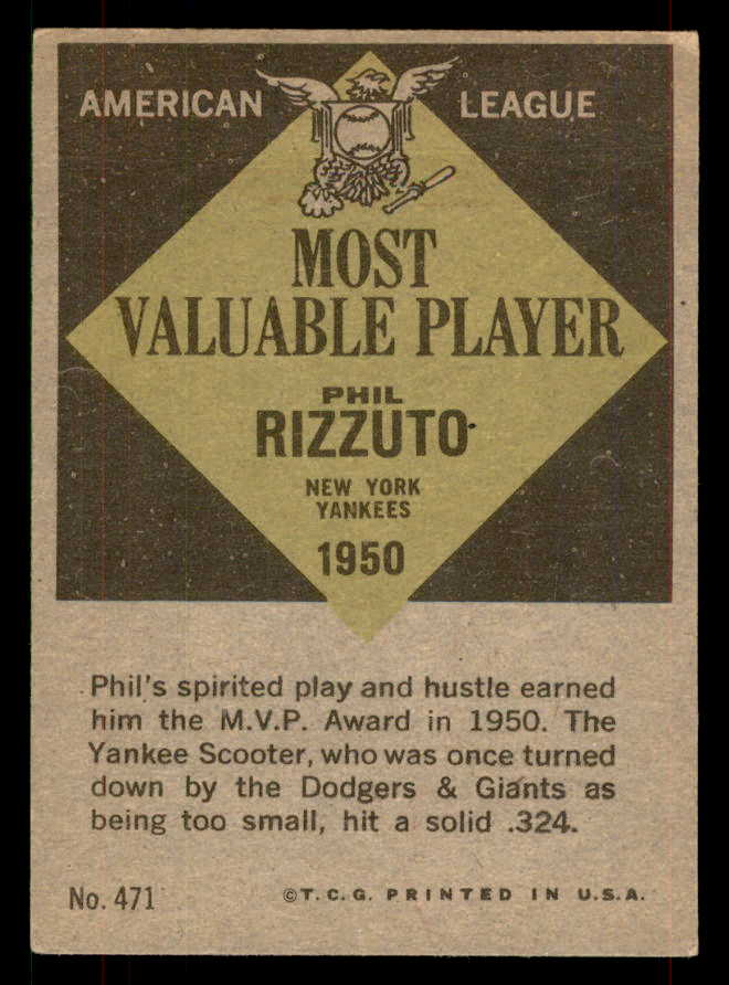 1961 Topps Baseball #471 Phil Rizzuto MVP Yankees VG 565888