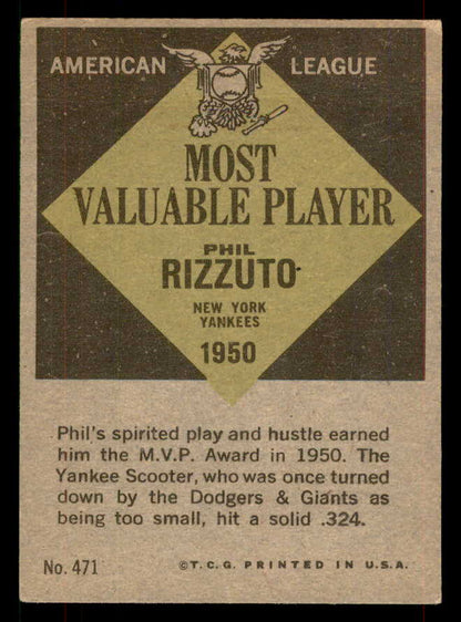 1961 Topps Baseball #471 Phil Rizzuto MVP Yankees VG 565888